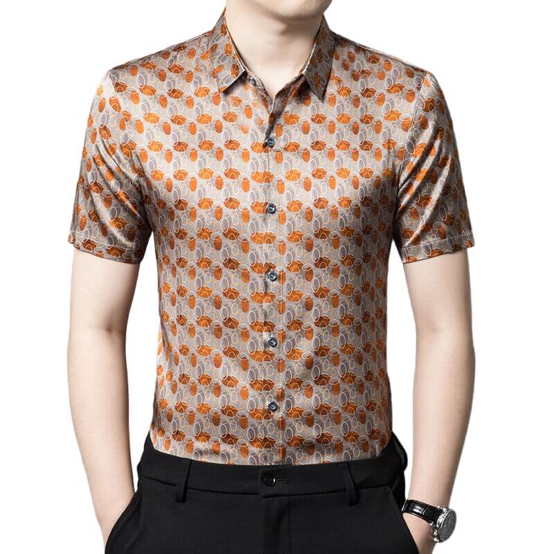 Men’s Silver Orange Dot Circle Print Short Sleeve Silk Shirt