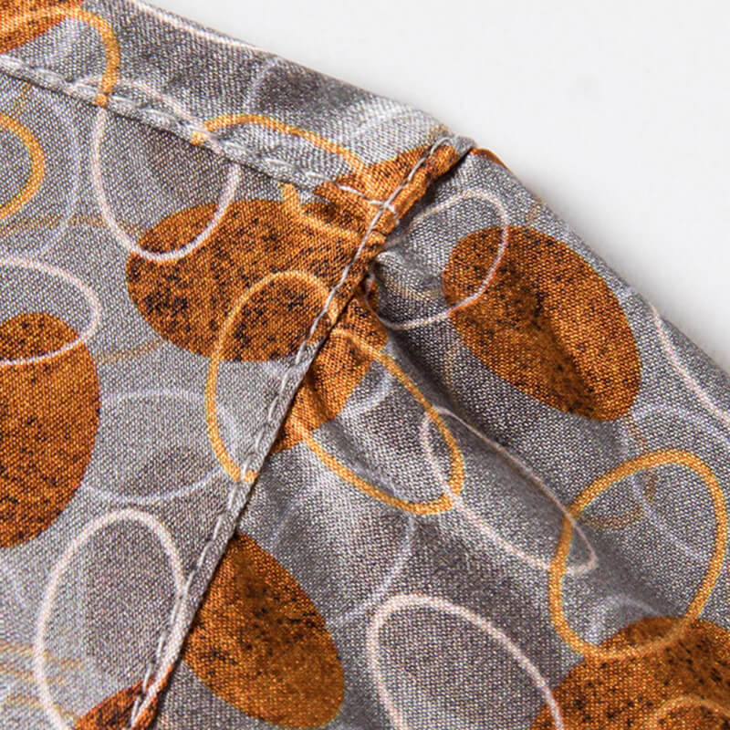 Men’s Silver Orange Dot Circle Print Short Sleeve Silk Shirt