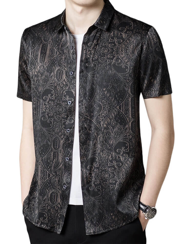 Men's Black Short Sleeve Paisley Stretch Silk Shirt