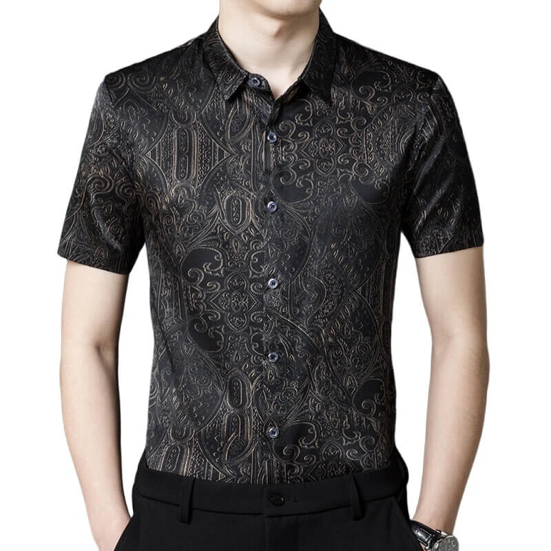 Men's Black Short Sleeve Paisley Stretch Silk Shirt