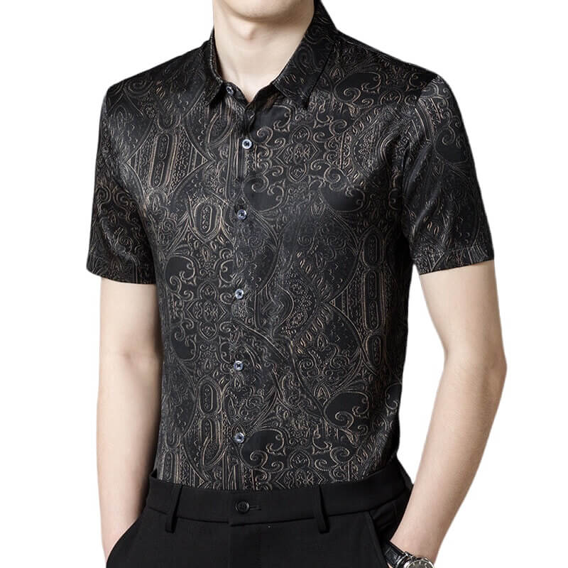 Men's Black Short Sleeve Paisley Stretch Silk Shirt