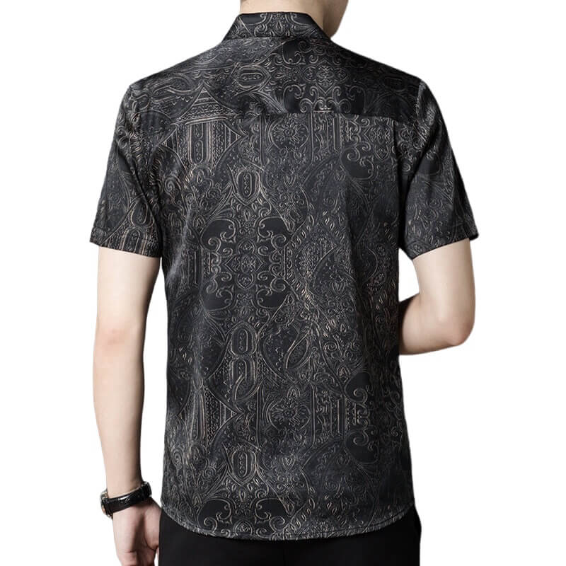 Men's Black Short Sleeve Paisley Stretch Silk Shirt