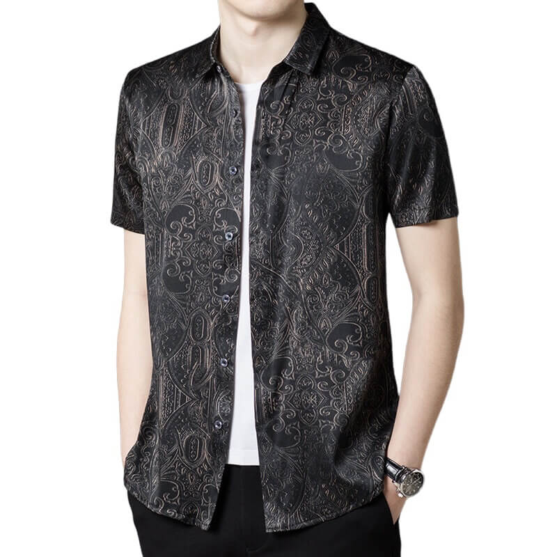 Men's Black Short Sleeve Paisley Stretch Silk Shirt