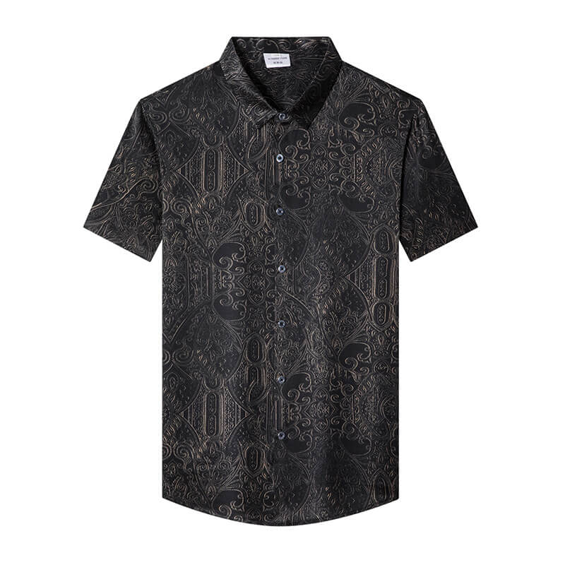 Men's Black Short Sleeve Paisley Stretch Silk Shirt