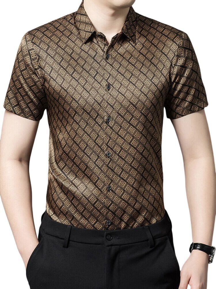 Men’s Brown Gold Geometric Print Short Sleeve Silk Dress Shirt