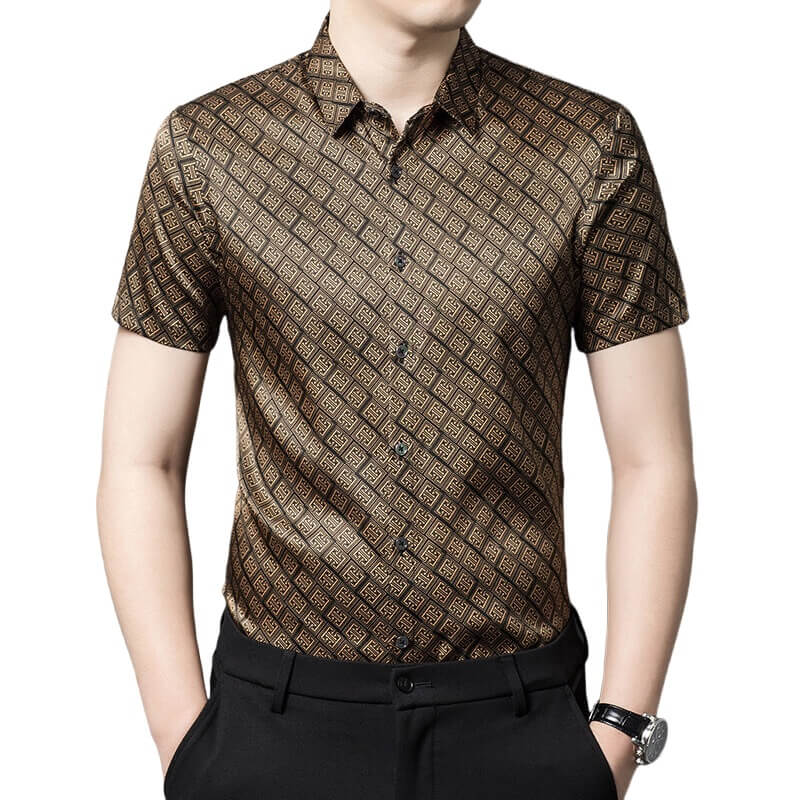 Men’s Brown Gold Geometric Print Short Sleeve Silk Dress Shirt