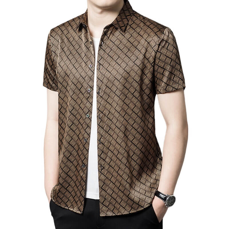 Men’s Brown Gold Geometric Print Short Sleeve Silk Dress Shirt