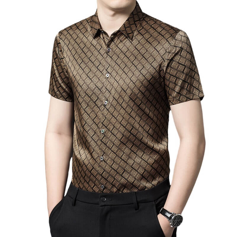Men’s Brown Gold Geometric Print Short Sleeve Silk Dress Shirt