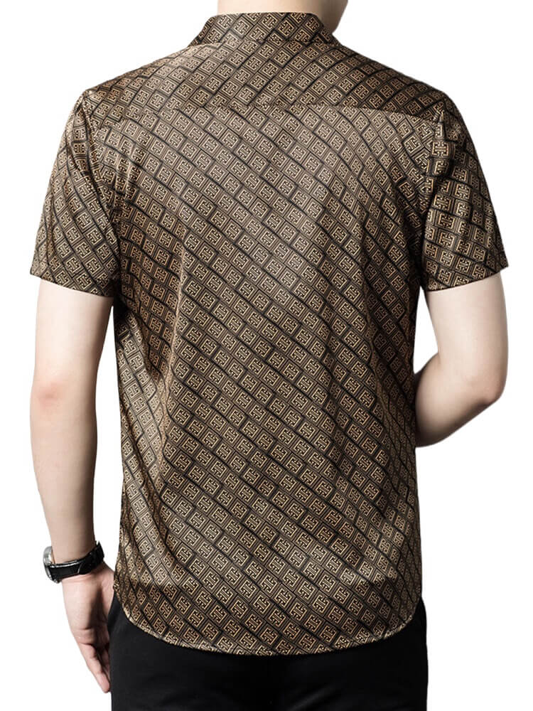 Men’s Brown Gold Geometric Print Short Sleeve Silk Dress Shirt