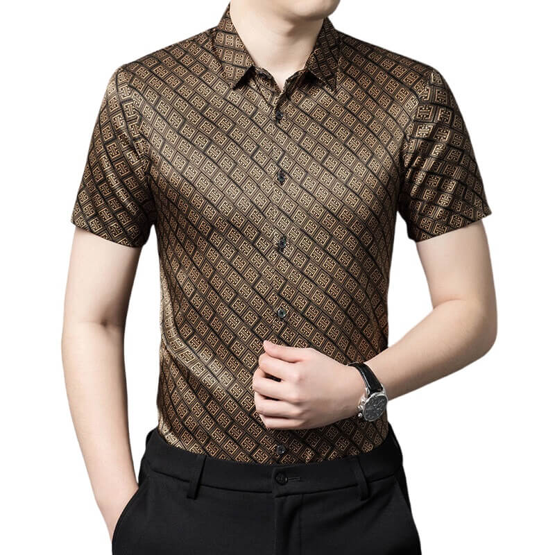 Men’s Brown Gold Geometric Print Short Sleeve Silk Dress Shirt