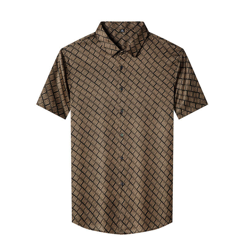 Men’s Brown Gold Geometric Print Short Sleeve Silk Dress Shirt