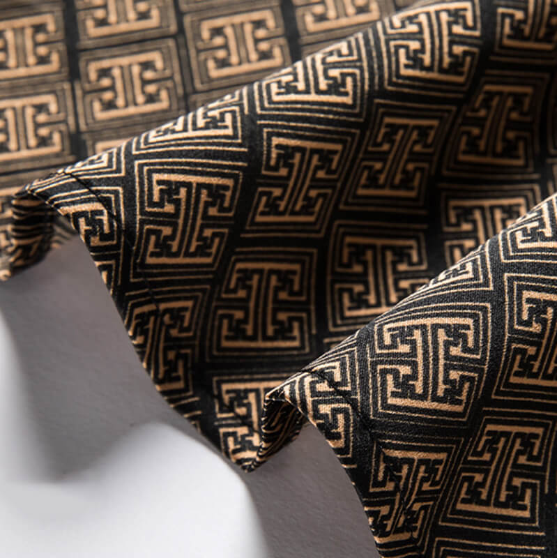 Men’s Brown Gold Geometric Print Short Sleeve Silk Dress Shirt
