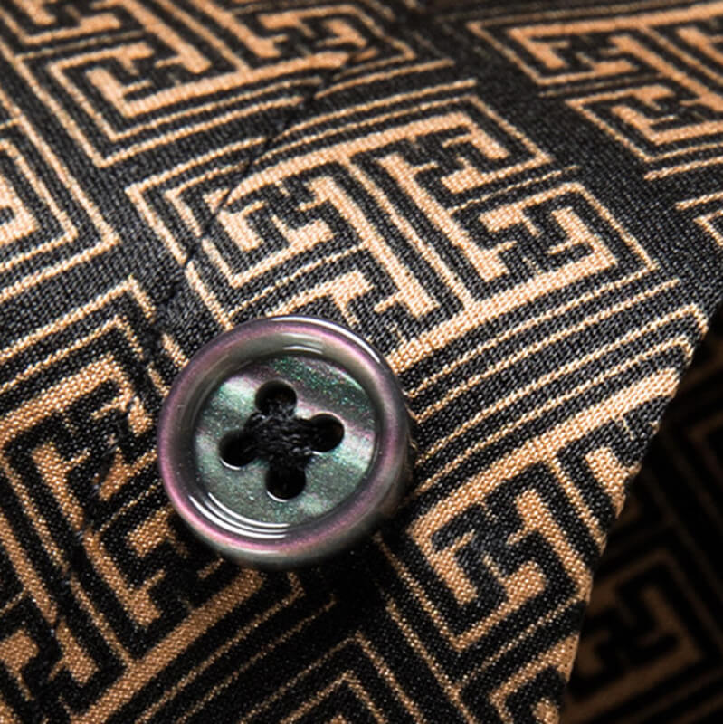 Men’s Brown Gold Geometric Print Short Sleeve Silk Dress Shirt