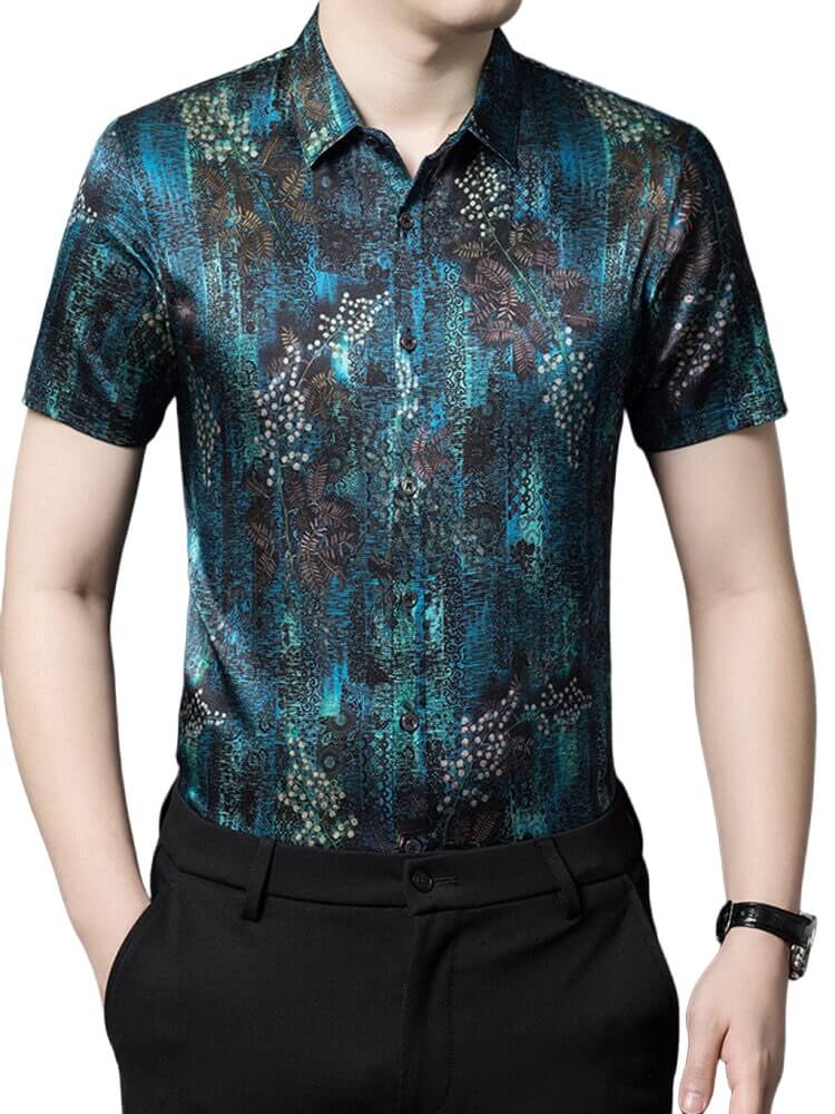 Mens Teal Black Botanical Abstract Print Short Sleeve Silk Shirt