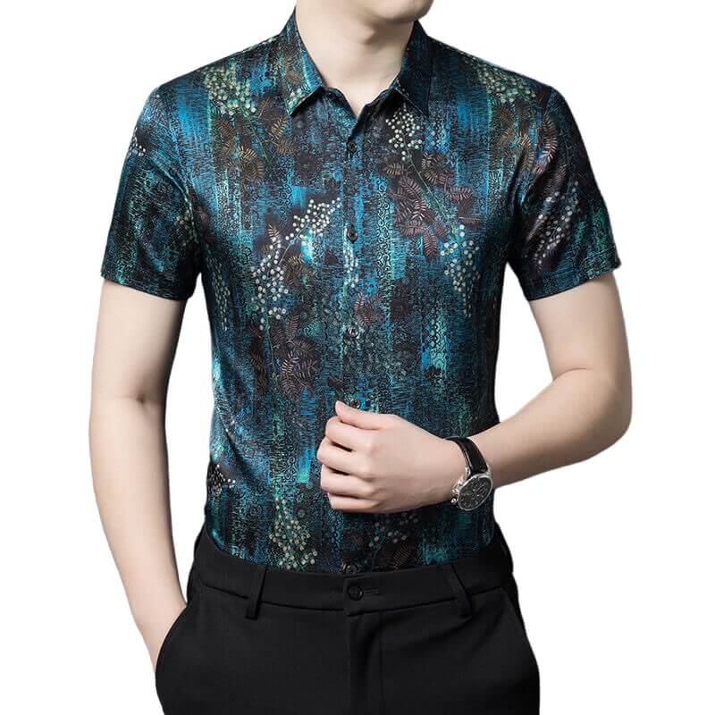 Mens Teal Black Botanical Abstract Print Short Sleeve Silk Shirt