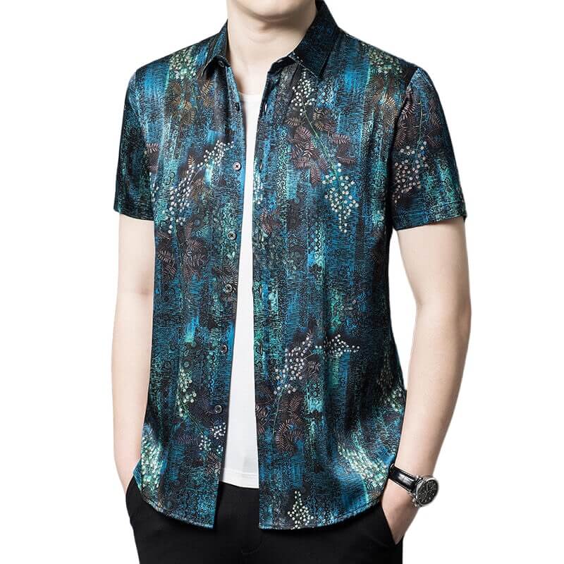 Mens Teal Black Botanical Abstract Print Short Sleeve Silk Shirt
