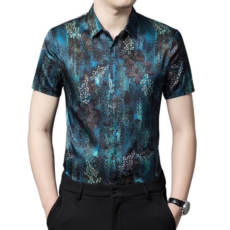 Mens Teal Black Botanical Abstract Print Short Sleeve Silk Shirt