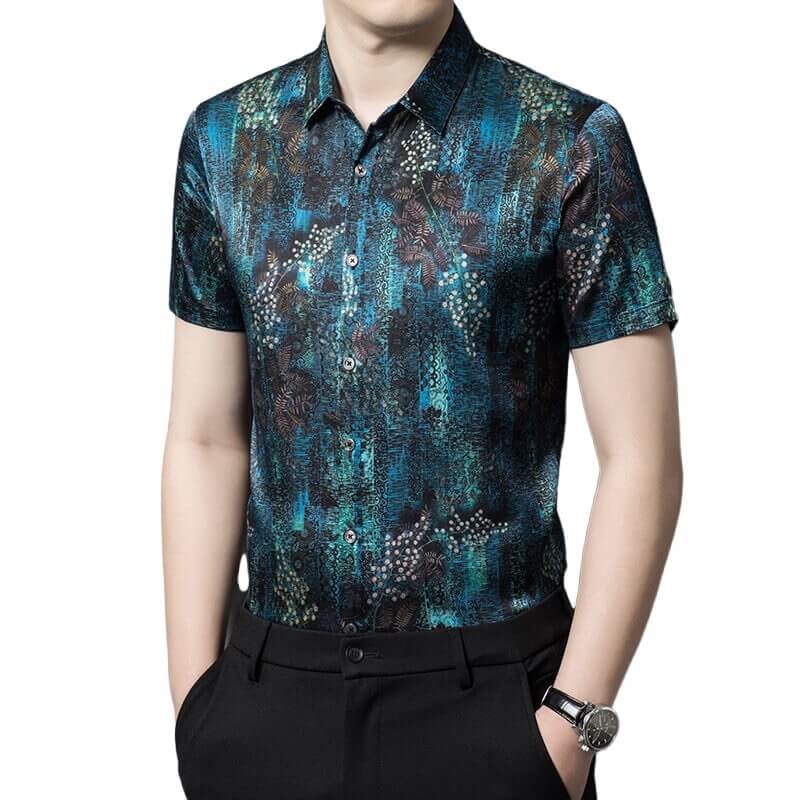 Mens Teal Black Botanical Abstract Print Short Sleeve Silk Shirt
