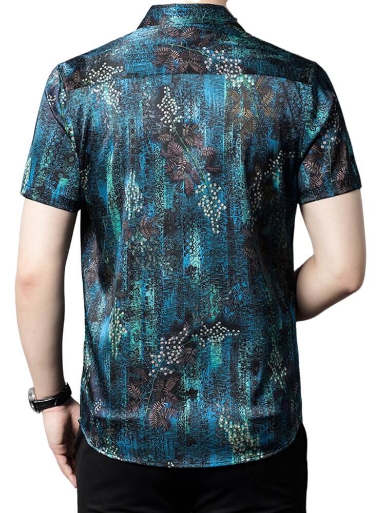 Mens Teal Black Botanical Abstract Print Short Sleeve Silk Shirt