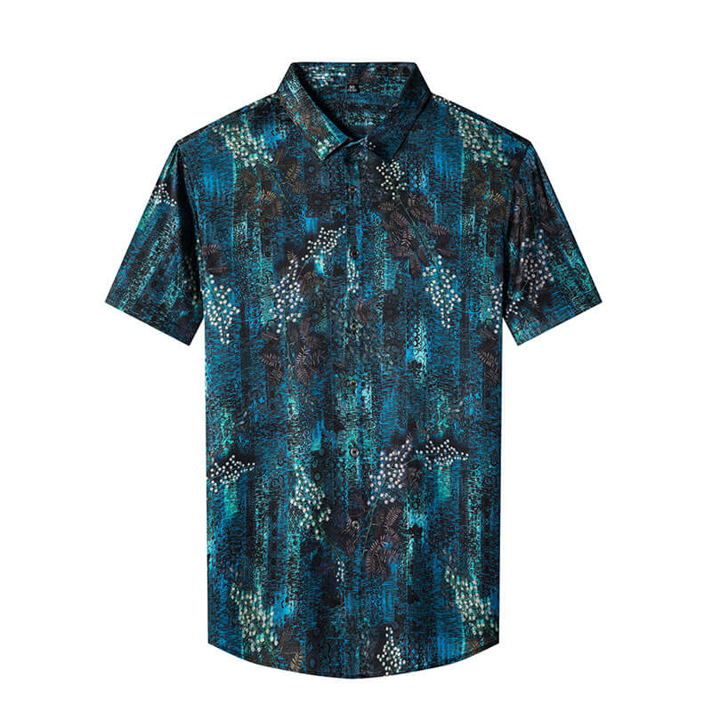 Mens Teal Black Botanical Abstract Print Short Sleeve Silk Shirt