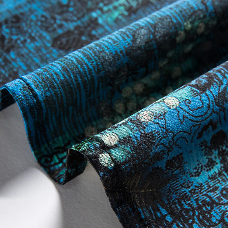 Mens Teal Black Botanical Abstract Print Short Sleeve Silk Shirt