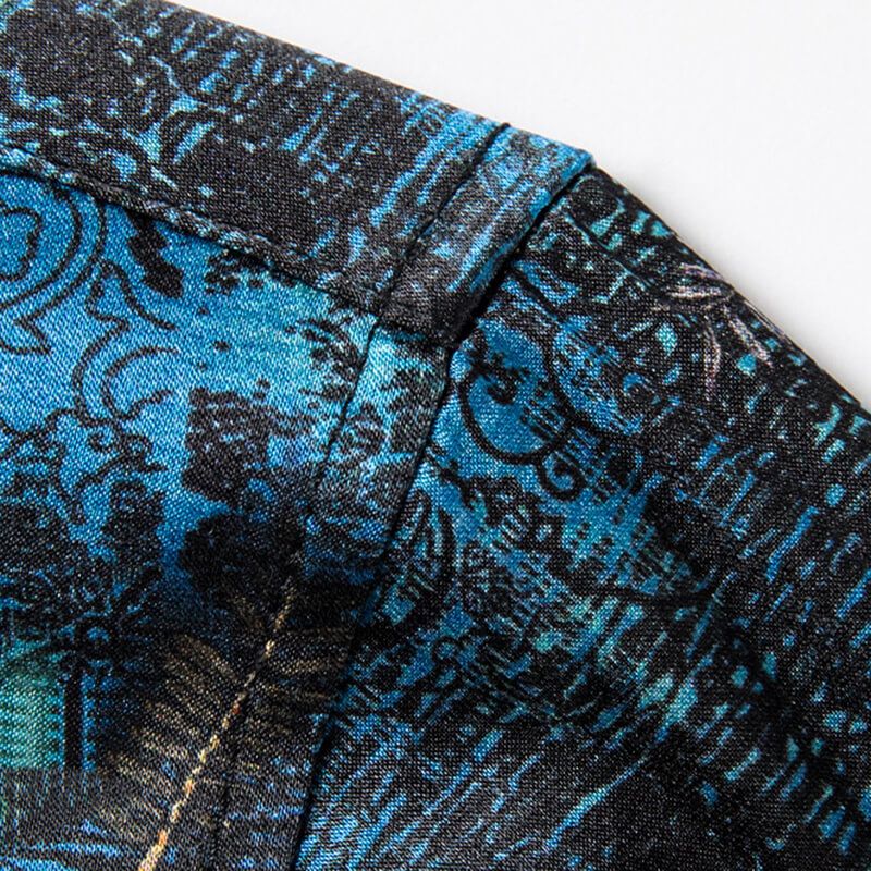 Mens Teal Black Botanical Abstract Print Short Sleeve Silk Shirt