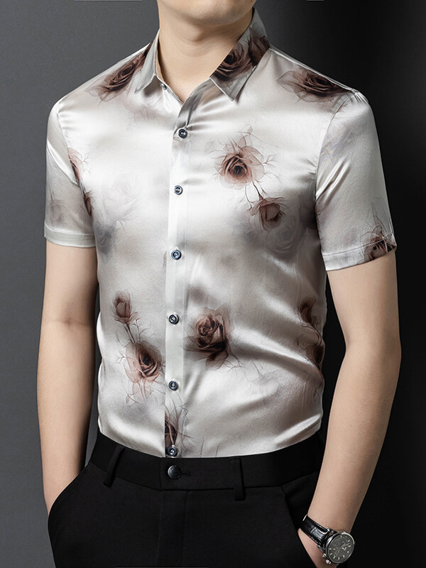 Men’s Silver Gray Romantic Rose Print Short Sleeve Silk Shirt