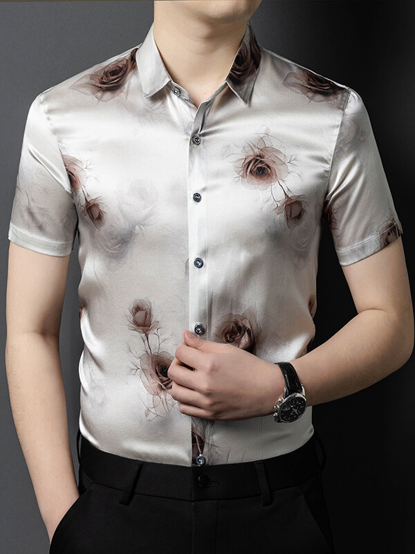 Men’s Silver Gray Romantic Rose Print Short Sleeve Silk Shirt