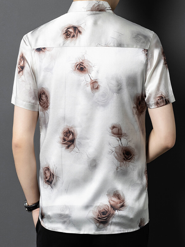 Men’s Silver Gray Romantic Rose Print Short Sleeve Silk Shirt