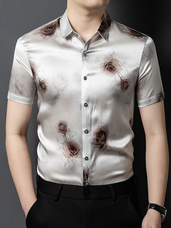 Men’s Silver Gray Romantic Rose Print Short Sleeve Silk Shirt