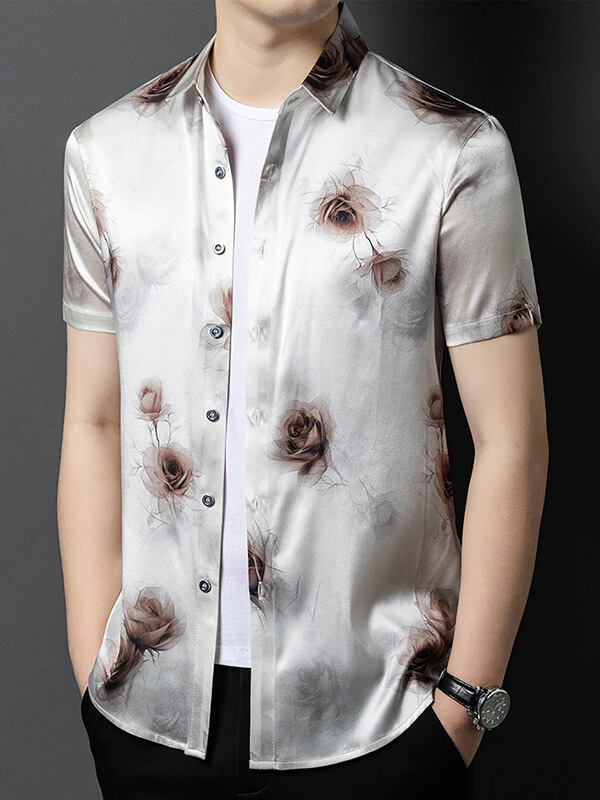 Men’s Silver Gray Romantic Rose Print Short Sleeve Silk Shirt
