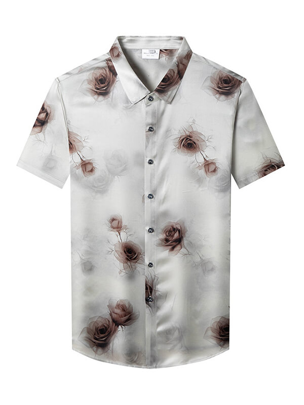 Men’s Silver Gray Romantic Rose Print Short Sleeve Silk Shirt