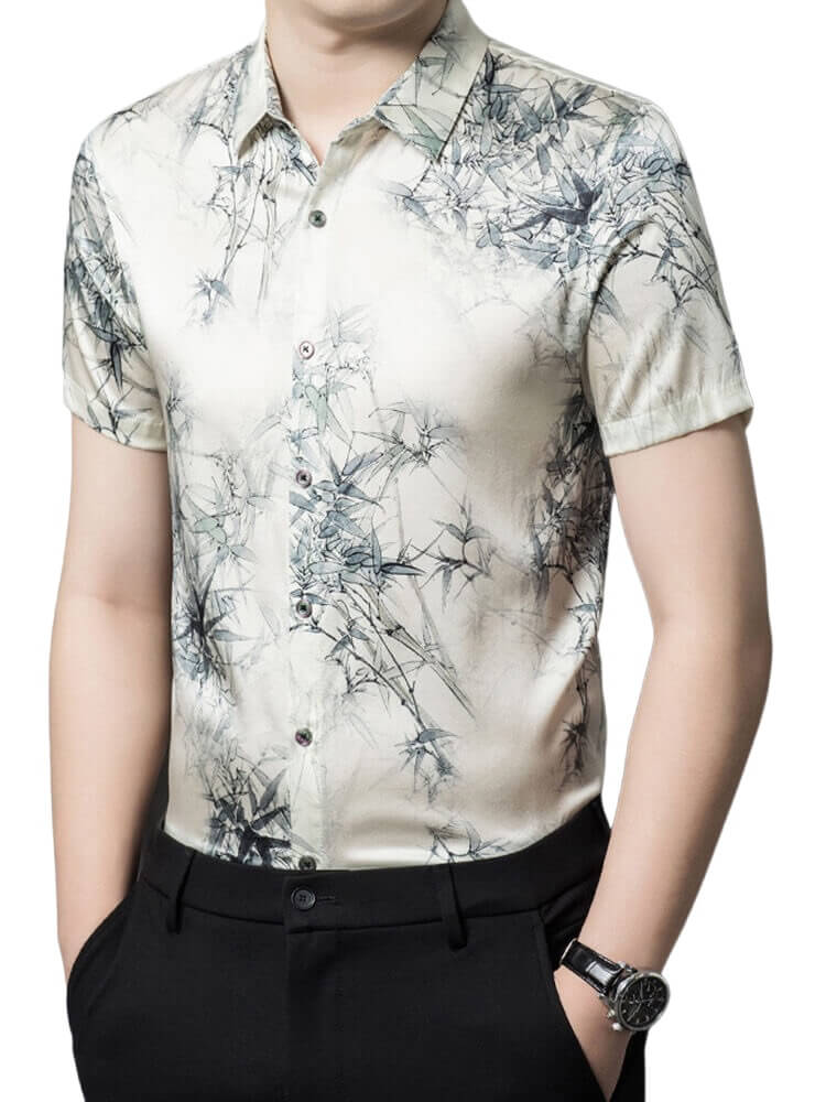 Men’s Ivory Watercolor Bamboo Leaf Print Short Sleeve Silk Shirt