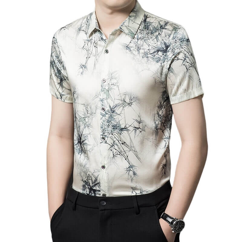 Men’s Ivory Watercolor Bamboo Leaf Print Short Sleeve Silk Shirt