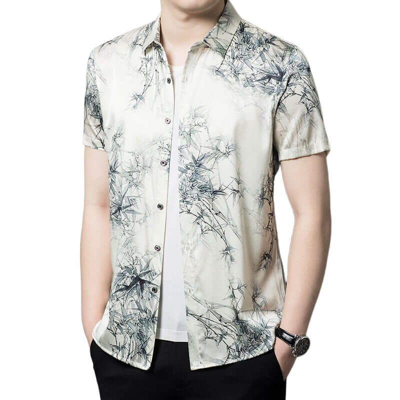 Men’s Ivory Watercolor Bamboo Leaf Print Short Sleeve Silk Shirt