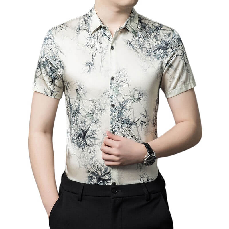 Men’s Ivory Watercolor Bamboo Leaf Print Short Sleeve Silk Shirt