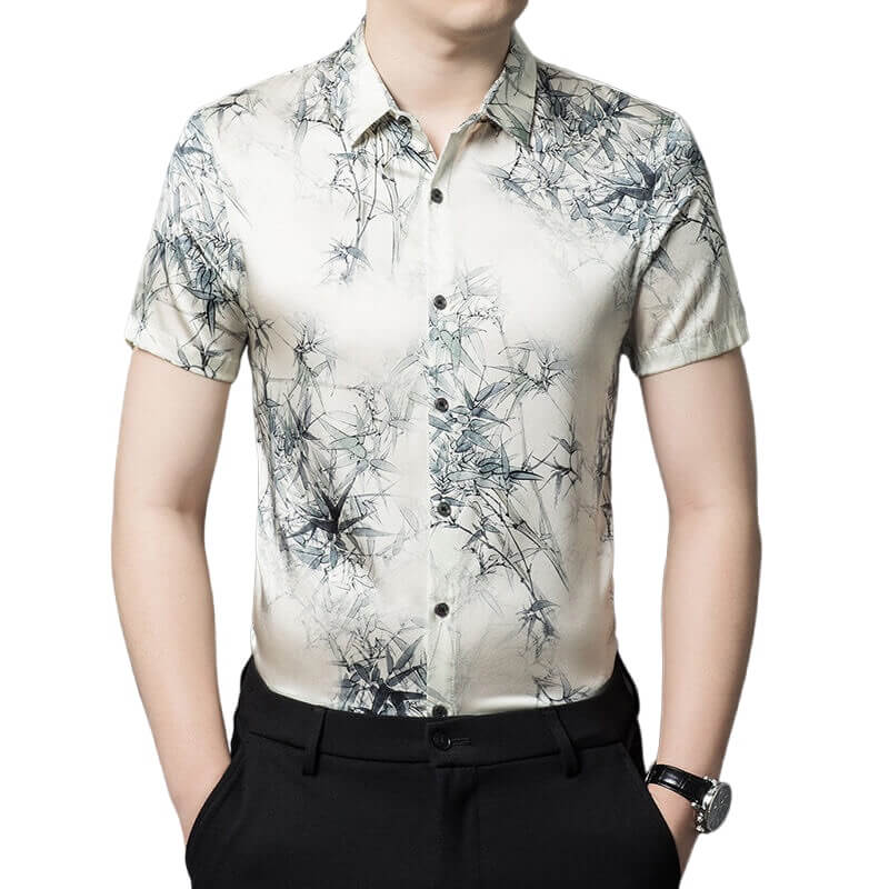 Men’s Ivory Watercolor Bamboo Leaf Print Short Sleeve Silk Shirt