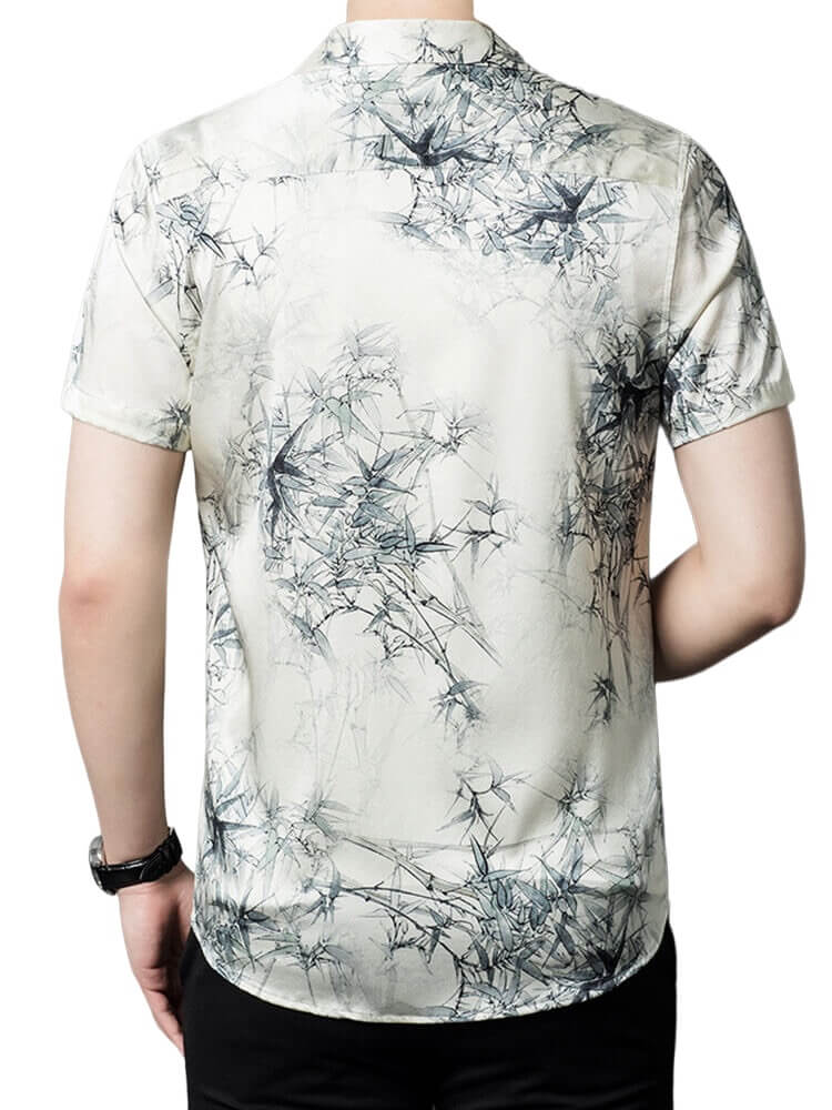 Men’s Ivory Watercolor Bamboo Leaf Print Short Sleeve Silk Shirt