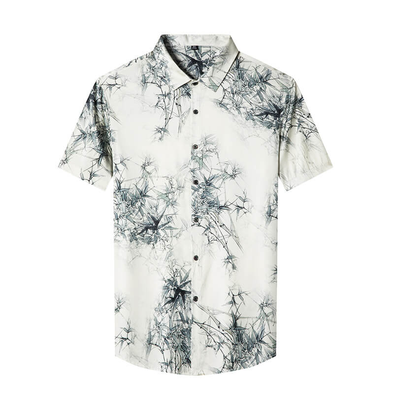Men’s Ivory Watercolor Bamboo Leaf Print Short Sleeve Silk Shirt