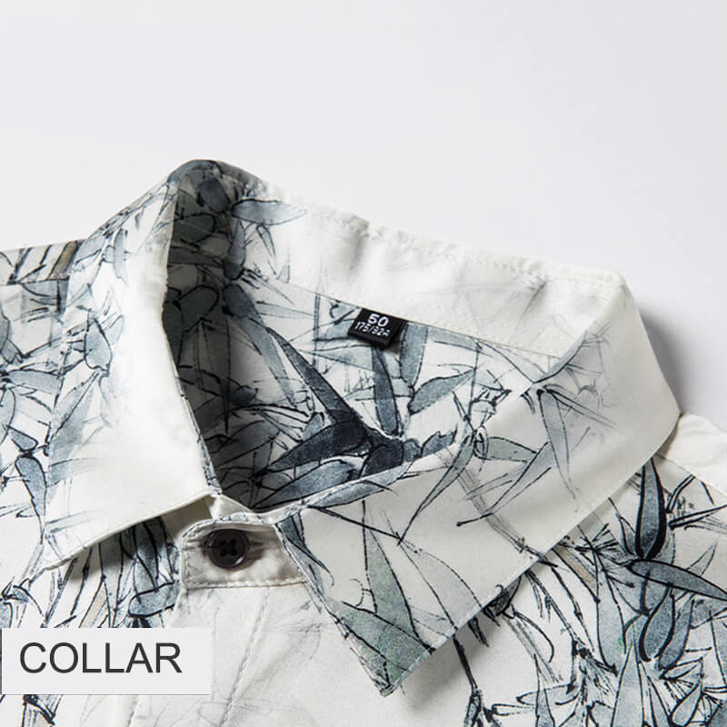 Men’s Ivory Watercolor Bamboo Leaf Print Short Sleeve Silk Shirt