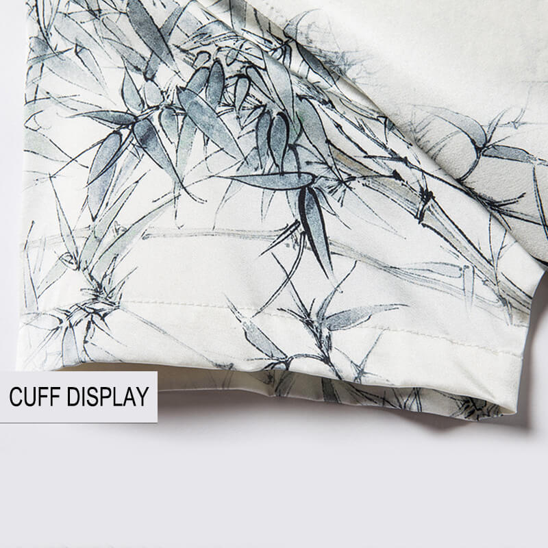 Men’s Ivory Watercolor Bamboo Leaf Print Short Sleeve Silk Shirt