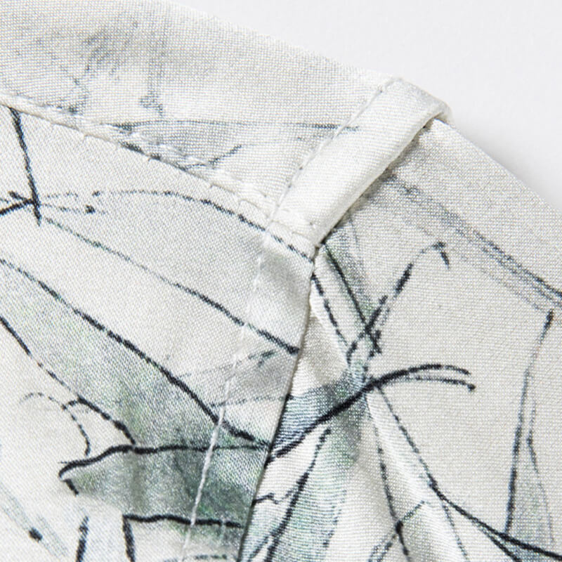 Men’s Ivory Watercolor Bamboo Leaf Print Short Sleeve Silk Shirt