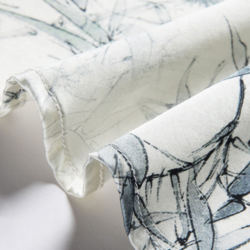 Men’s Ivory Watercolor Bamboo Leaf Print Short Sleeve Silk Shirt