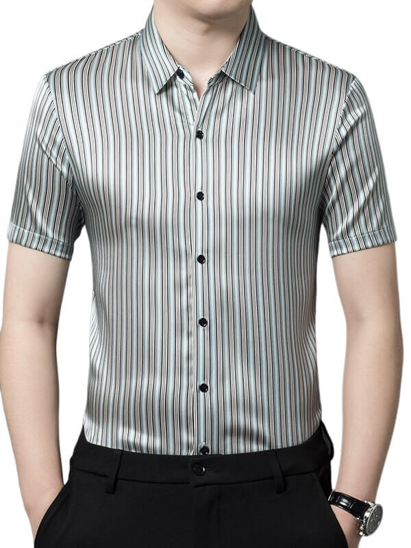 Men’s Classic Striped Short Sleeve Button-Up Silk Dress Shirt