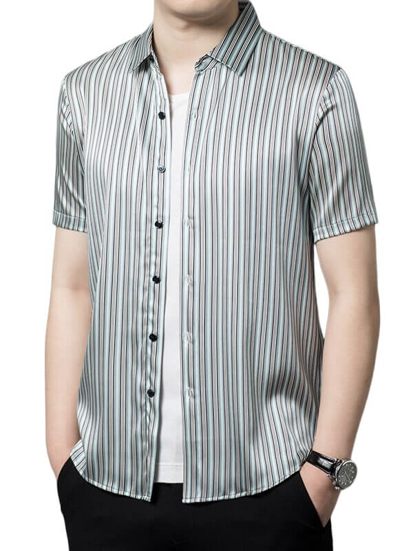 Men’s Classic Striped Short Sleeve Button-Up Silk Dress Shirt