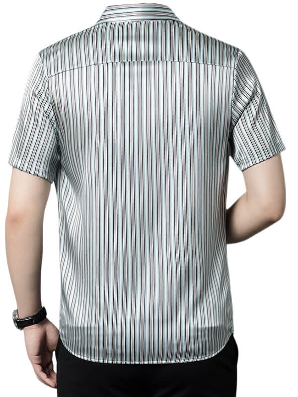 Men’s Classic Striped Short Sleeve Button-Up Silk Dress Shirt