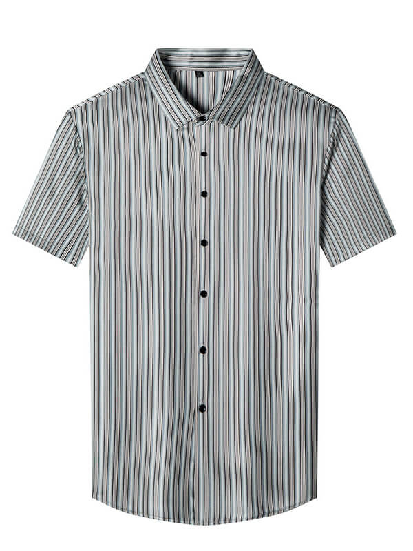 Men’s Classic Striped Short Sleeve Button-Up Silk Dress Shirt