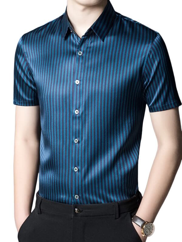 Men’s Classic Striped Short Sleeve Button-Up Silk Dress Shirt