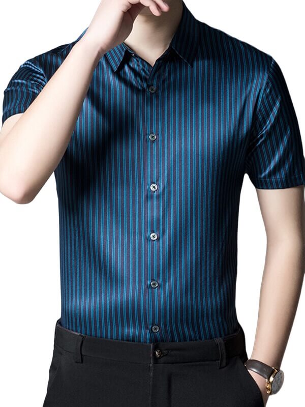 Men’s Classic Striped Short Sleeve Button-Up Silk Dress Shirt