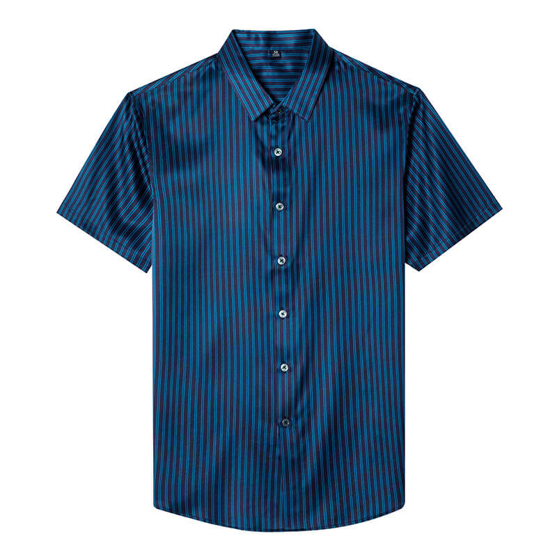 Men’s Classic Striped Short Sleeve Button-Up Silk Dress Shirt